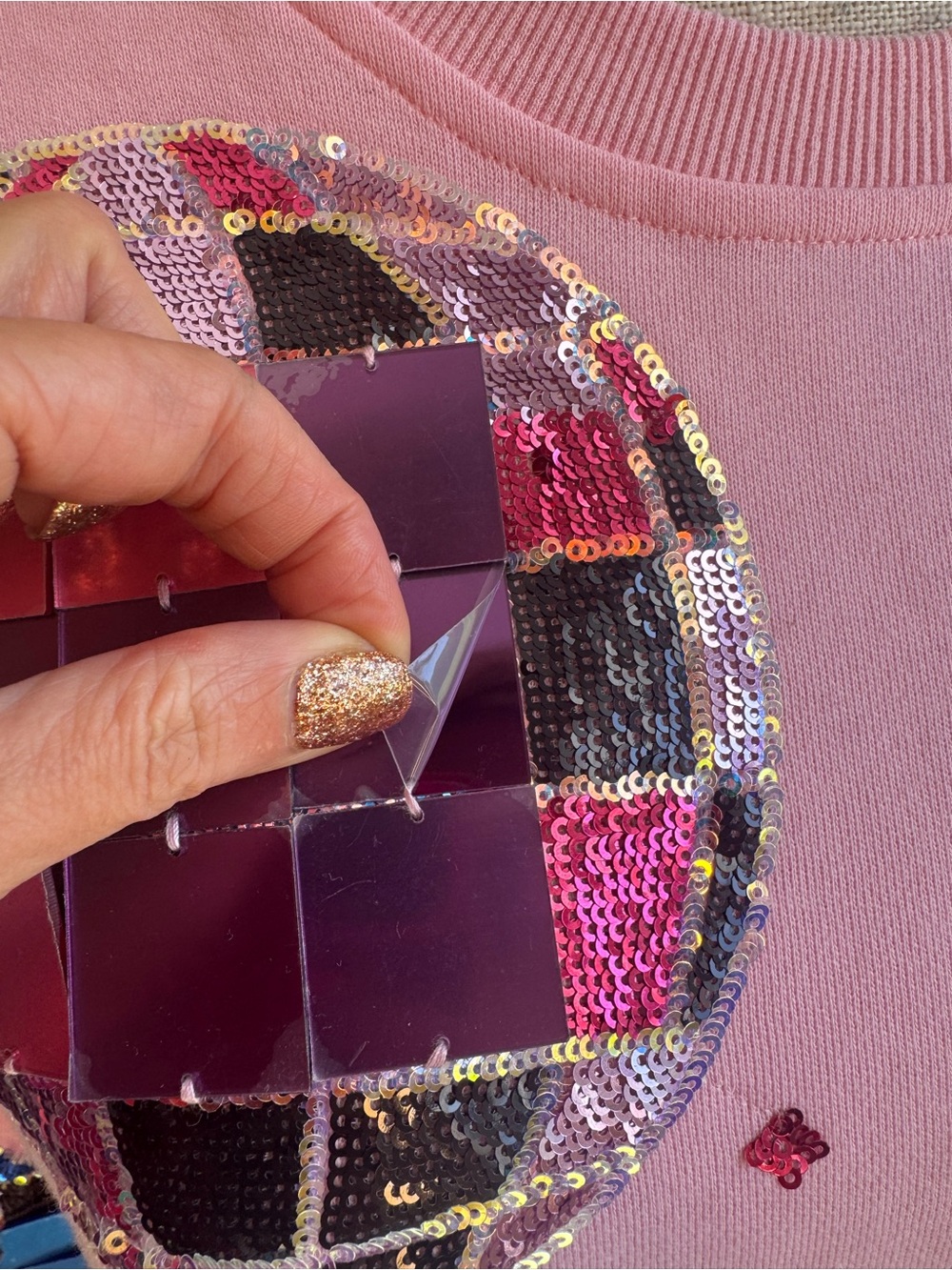 New! QUEEN OF SPARKLES Pink Neon Sequin Disco Skeleton Sweatshirt - Picture 8 of 12